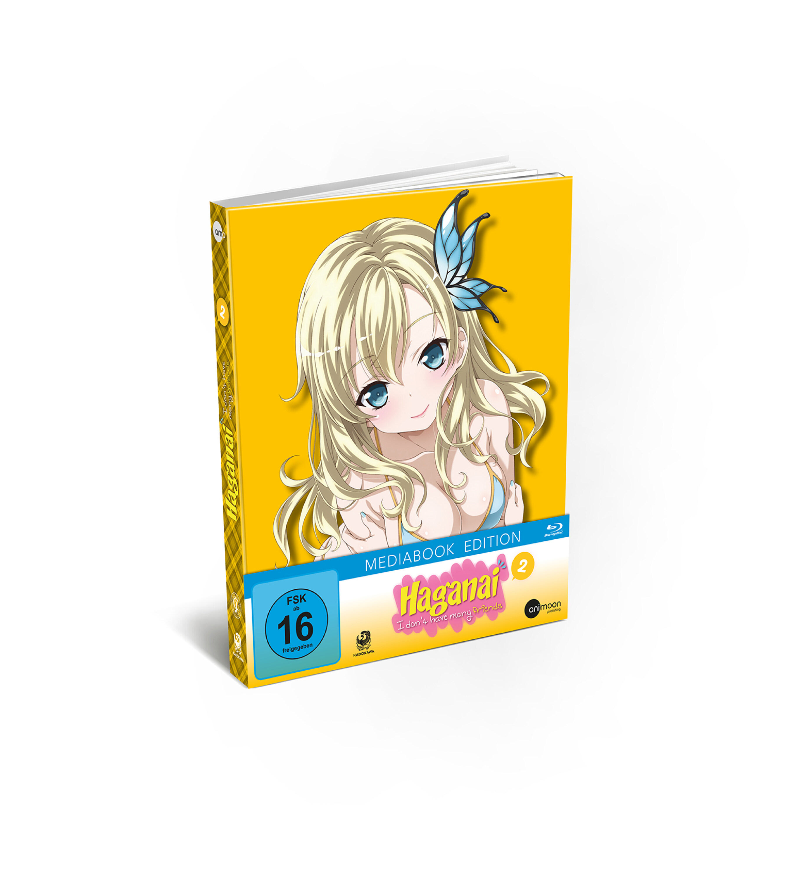 Buchcover-Illustration eines blonden Anime-Mädchens mit blauen Augen. Gelber Hintergrund, Titel rot.