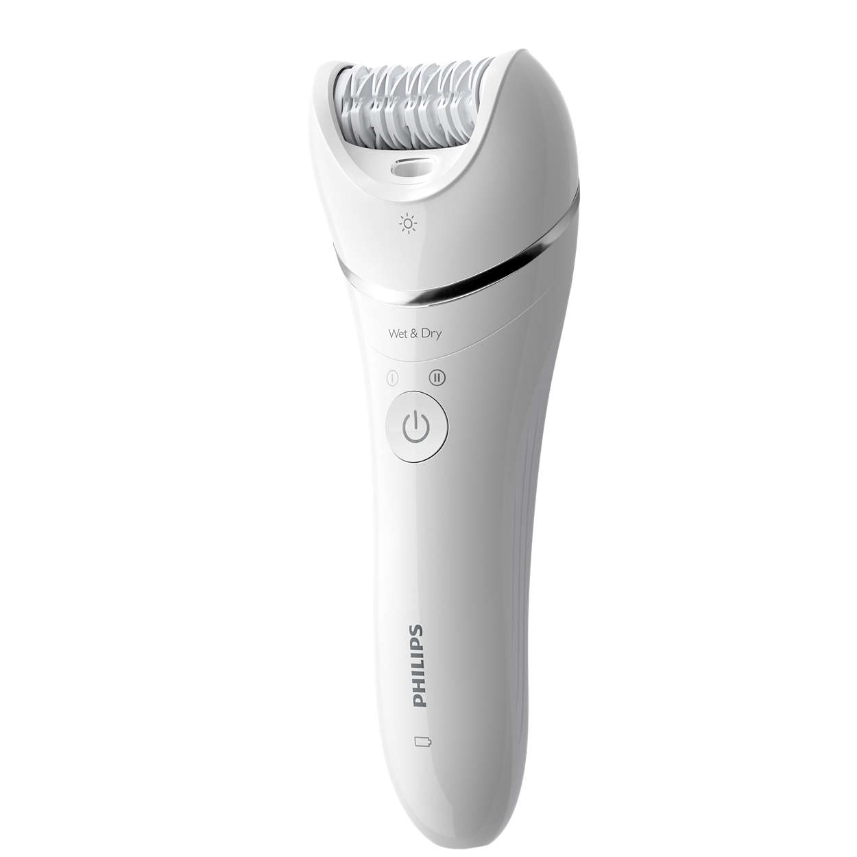White Philips epilator, angled view. Has a power button and a light for use.