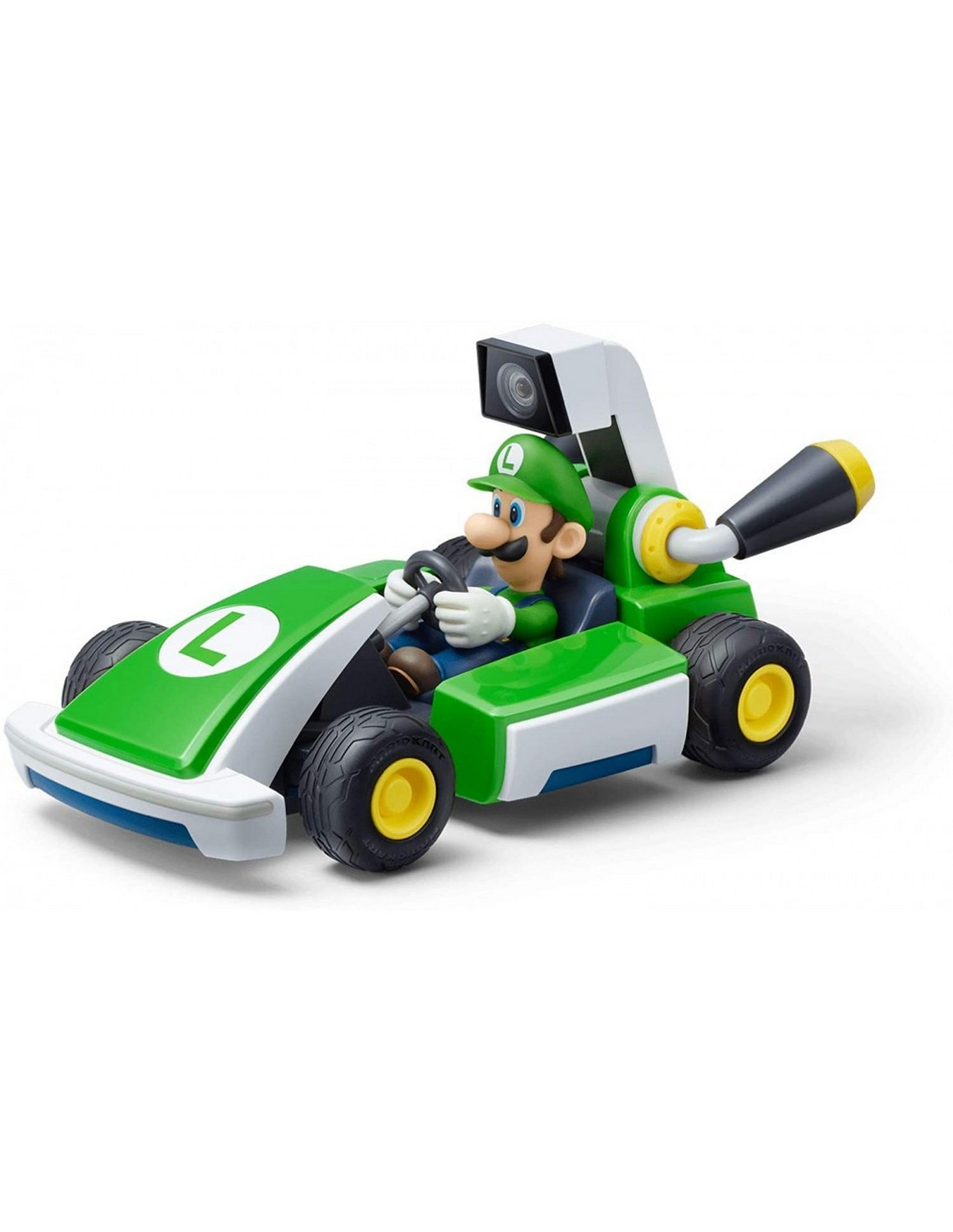 Luigi en un coche de Mario Kart verde y blanco con una cámara y una antena negra.