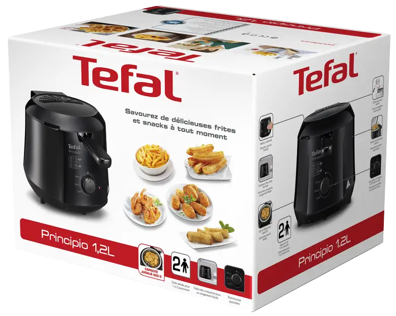 Egy Tefal fritőz doboza, fritőz képpel, sült krumplival, churrosszal és egyéb sült snackekkel.