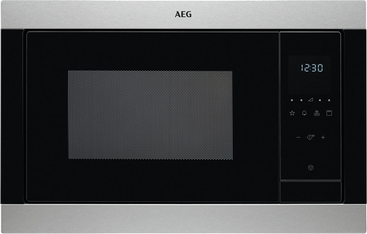 AEG magnetron met digitale display met 12:30 en bedieningsknoppen.