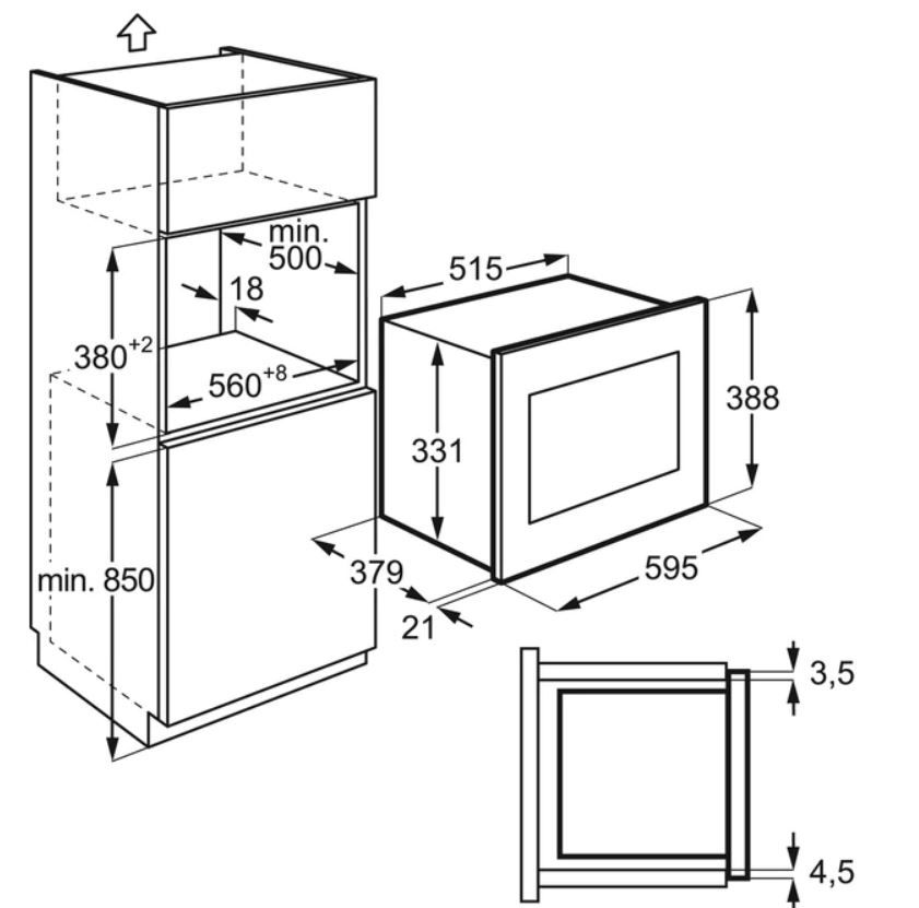 Diagram van een inbouwmagnetron en oven. Afmetingen zijn in mm aangegeven. Toont installatiestappen.
