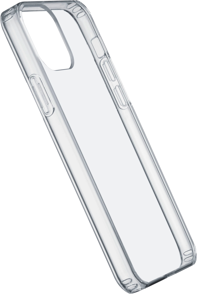 Transparante telefoonhoes, schuine weergave. De hoes is transparant met uitsparingen.