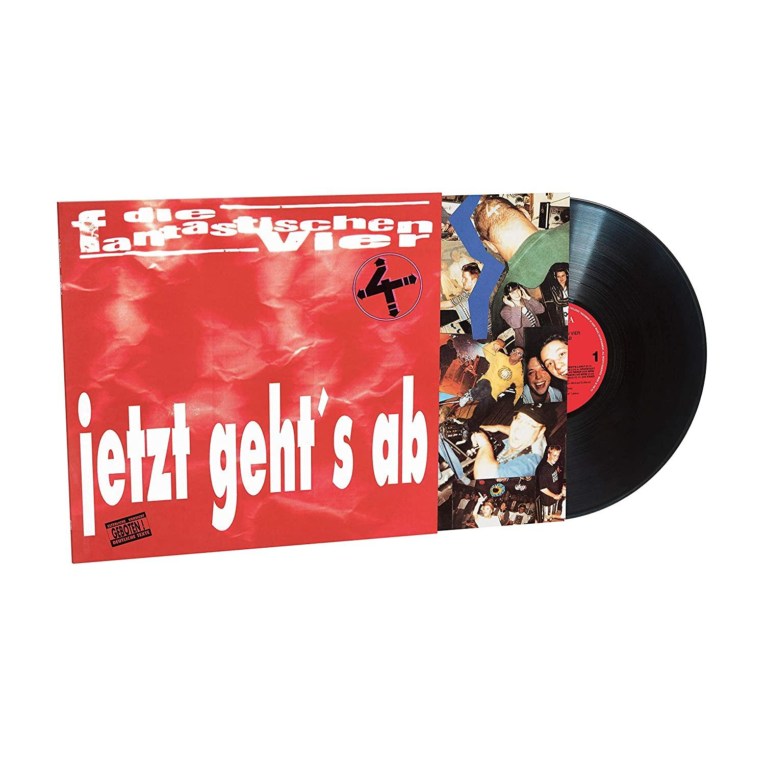 Ein Vinyl-Schallplattenalbum mit rotem Cover mit der Aufschrift 'jetzt geht's ab'.
