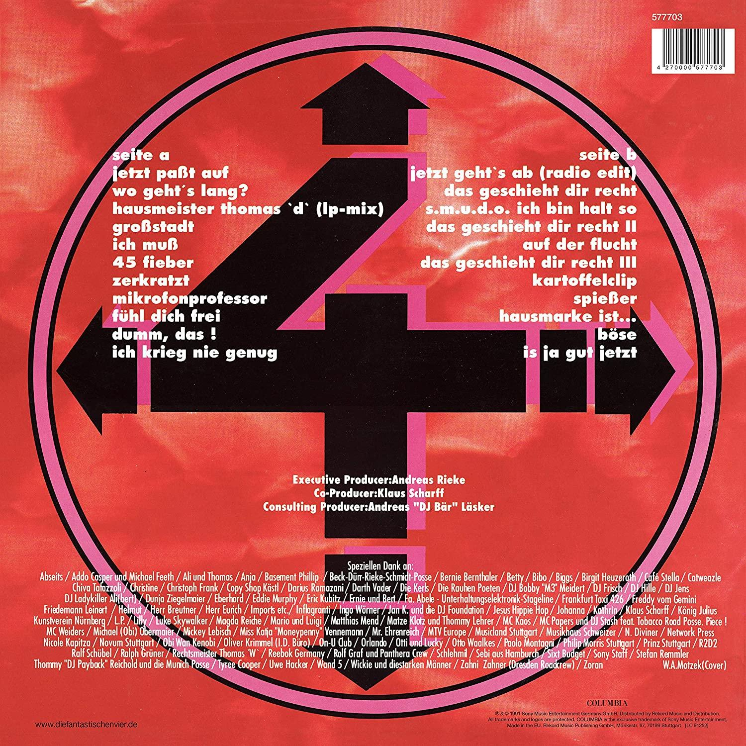 Ein Schallplatten-Albumcover mit deutschem Text, pinkfarbenem Hintergrund und Pfeilen.