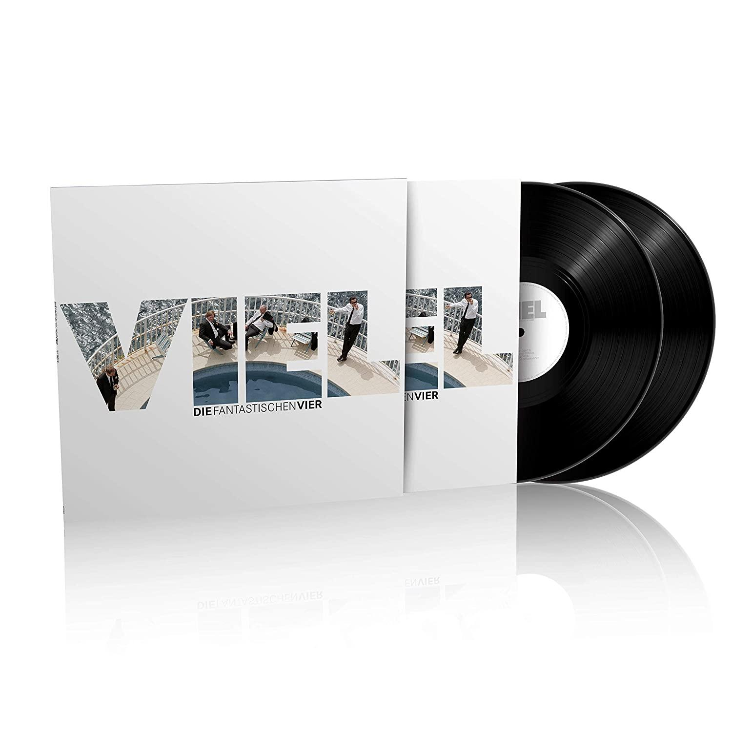 Vinyl-Schallplatten-Albumcover mit zwei schwarzen Schallplatten.