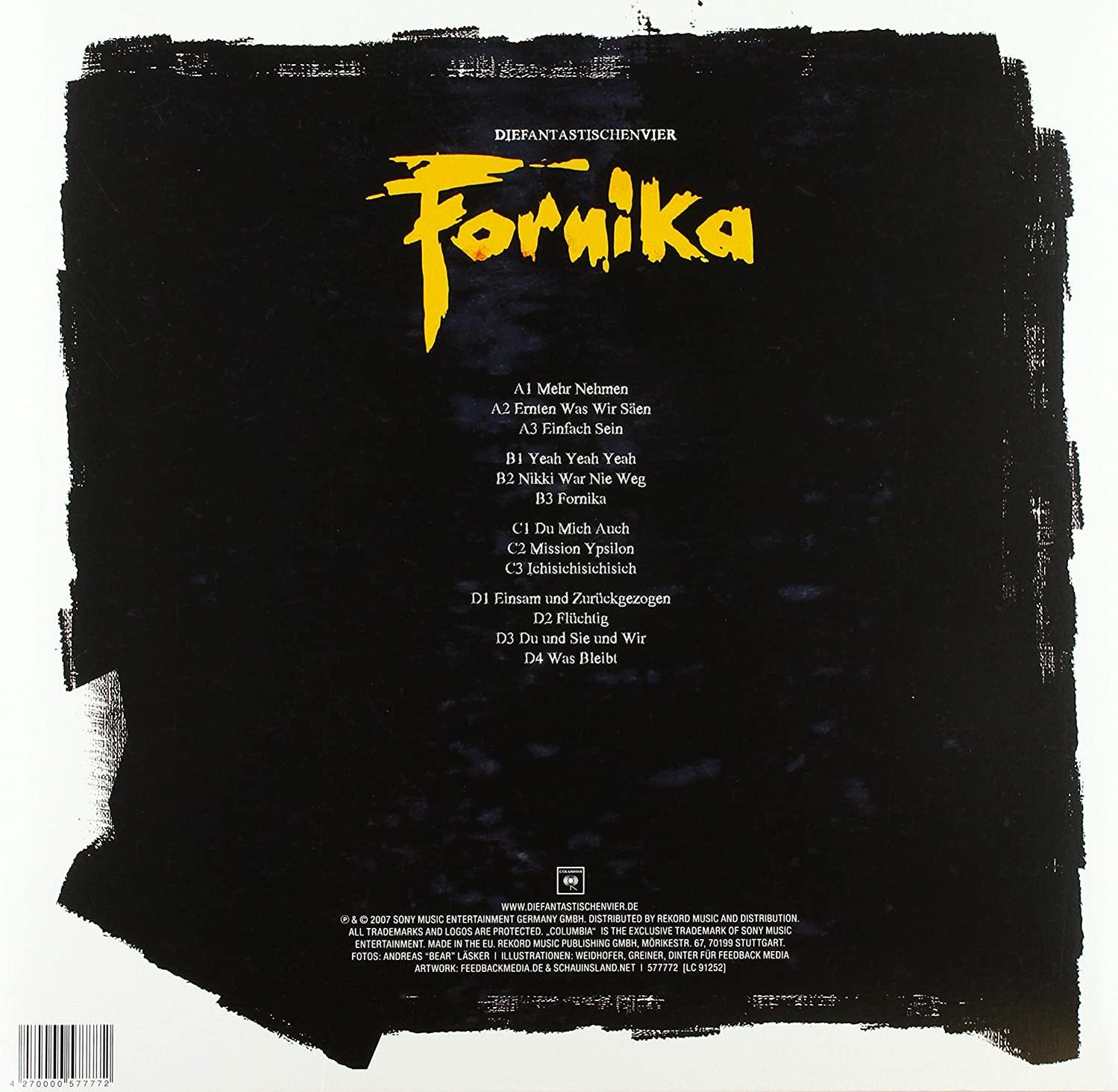 Ein schwarz-weißes Albumcover mit gelbem Text und einer Liste von Titeln auf schwarzem Hintergrund.