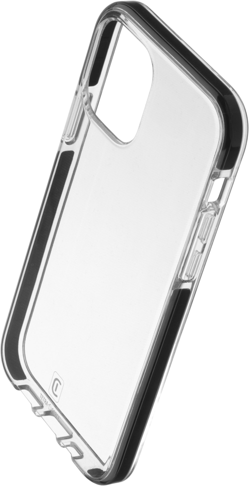 Transparante telefoonhoes. Het heeft zwarte randen en is licht gehoekt.