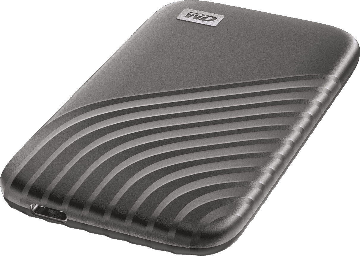 Disco rigido portatile grigio scuro con linee curve sulla superficie.