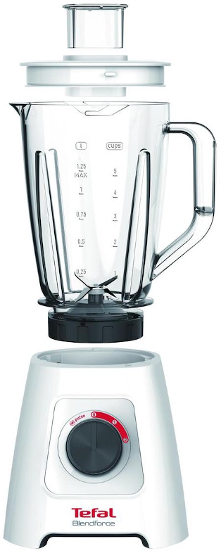 Egy fehér és átlátszó Tefal turmixgép, szétszerelve, a talppal, kancsóval és fedéllel.
