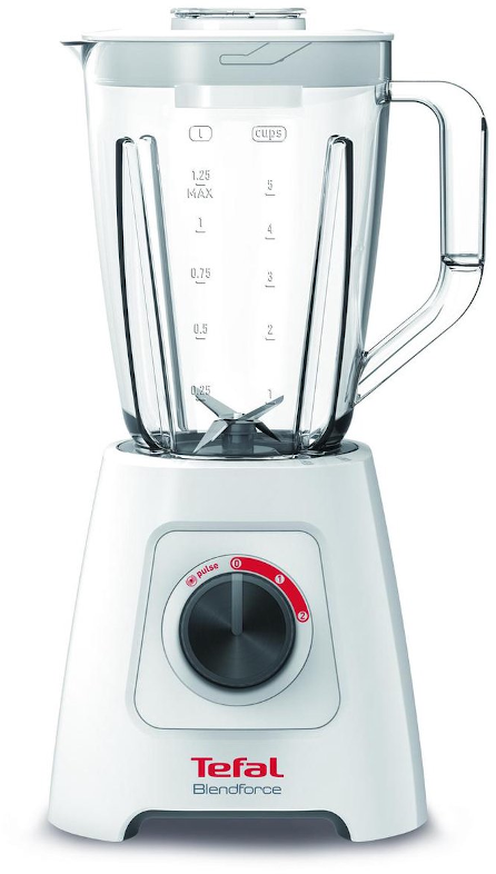 Fehér turmixgép üvegtartállyal. A turmixgép vezérlőtárcsával és fogantyúval rendelkezik. Az üvegtartályon jelölések találhatók.