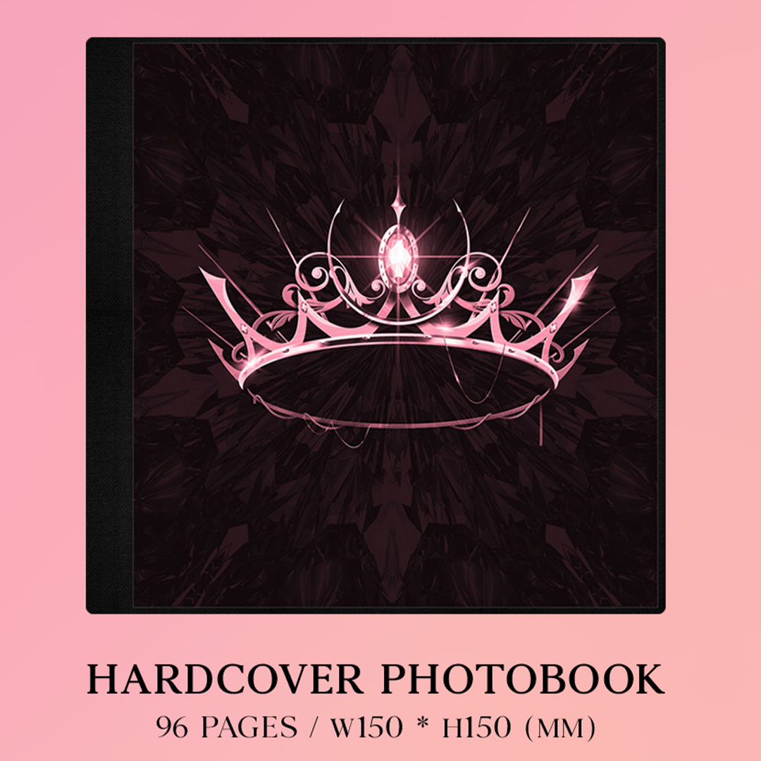 Rosa Buchcover mit einem Kronen-Design. Der Text auf dem Cover lautet: HARDCOVER PHOTOBOOK.