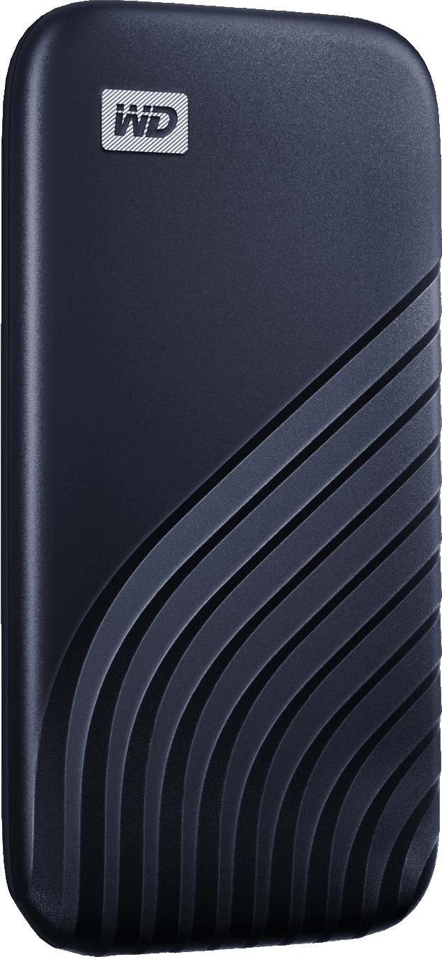 Disco rigido portatile WD My Passport blu scuro con un design testurizzato a onde.