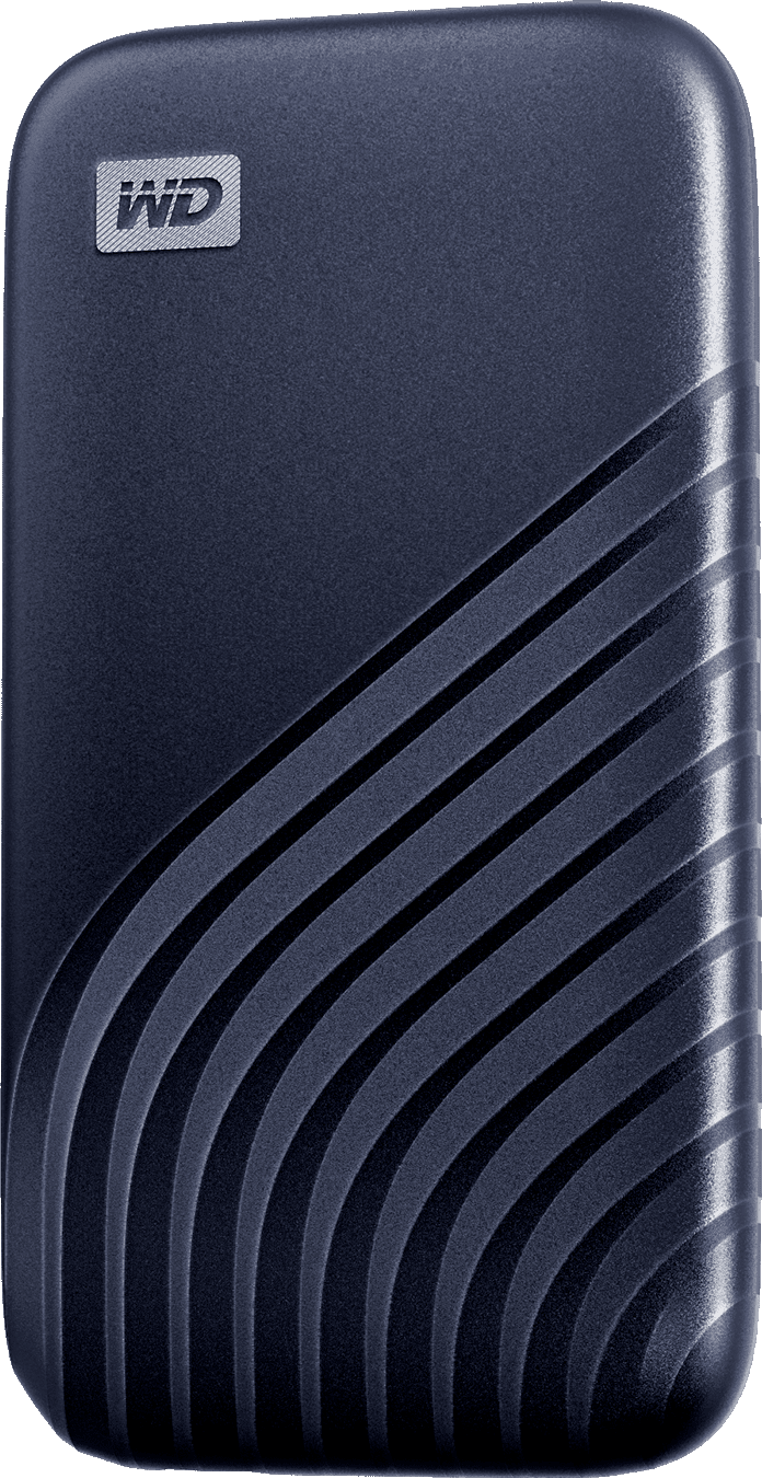 Disco rigido esterno rettangolare blu navy. Presenta un motivo a coste angolato sulla parte anteriore.