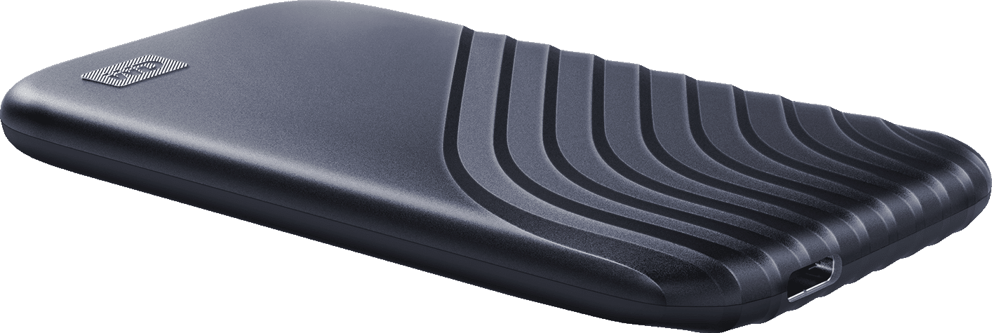 Disco rigido portatile grigio scuro con linee curve sulla superficie.