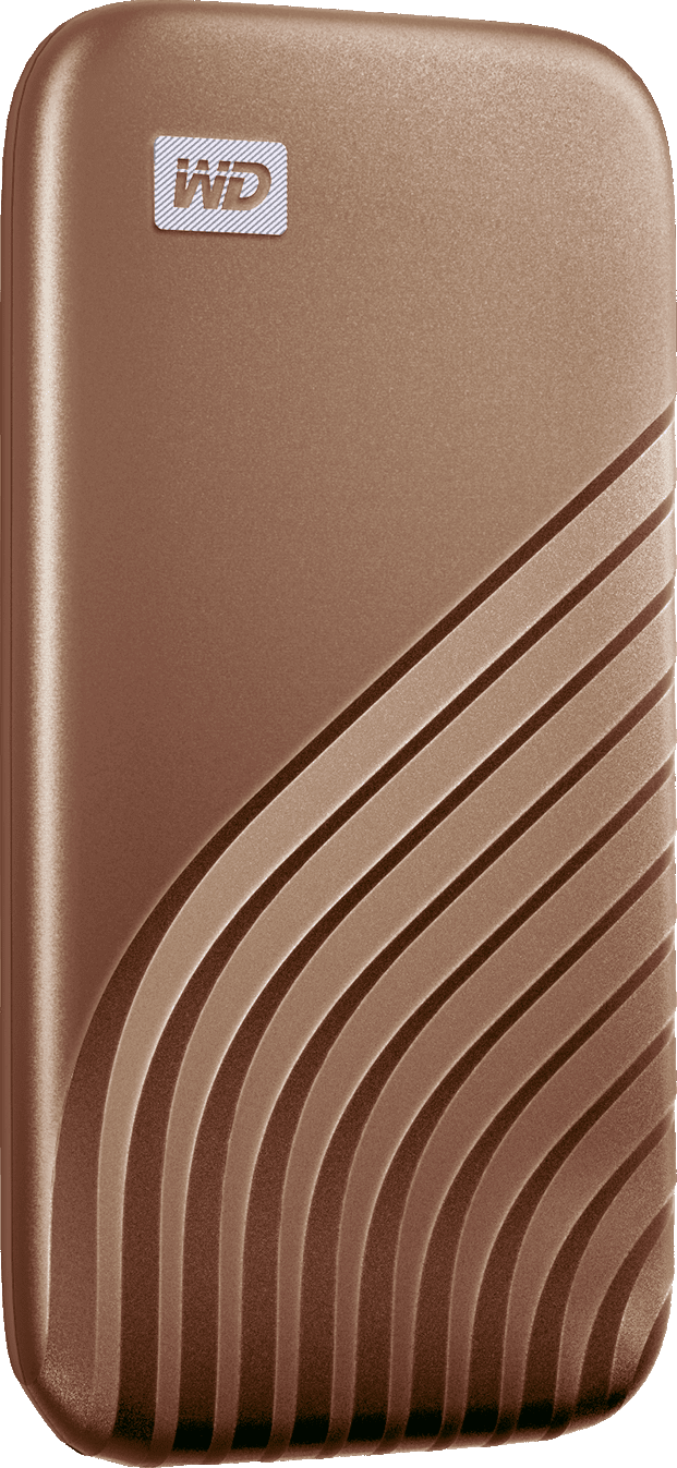 Disco rigido portatile marrone con linee curve sulla superficie.