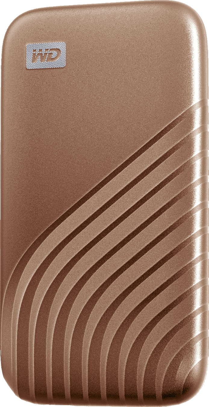 Disco rigido portatile marrone con linee curve sulla superficie.
