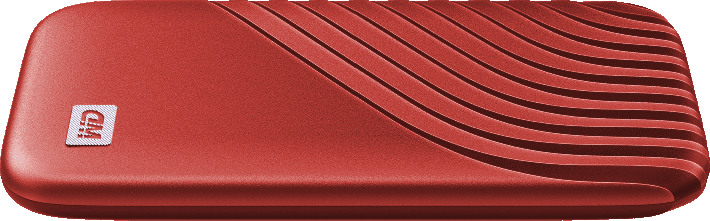 Un disco rigido portatile rosso, strutturato, con il logo WD, caratterizzato da un design a forma di onda.