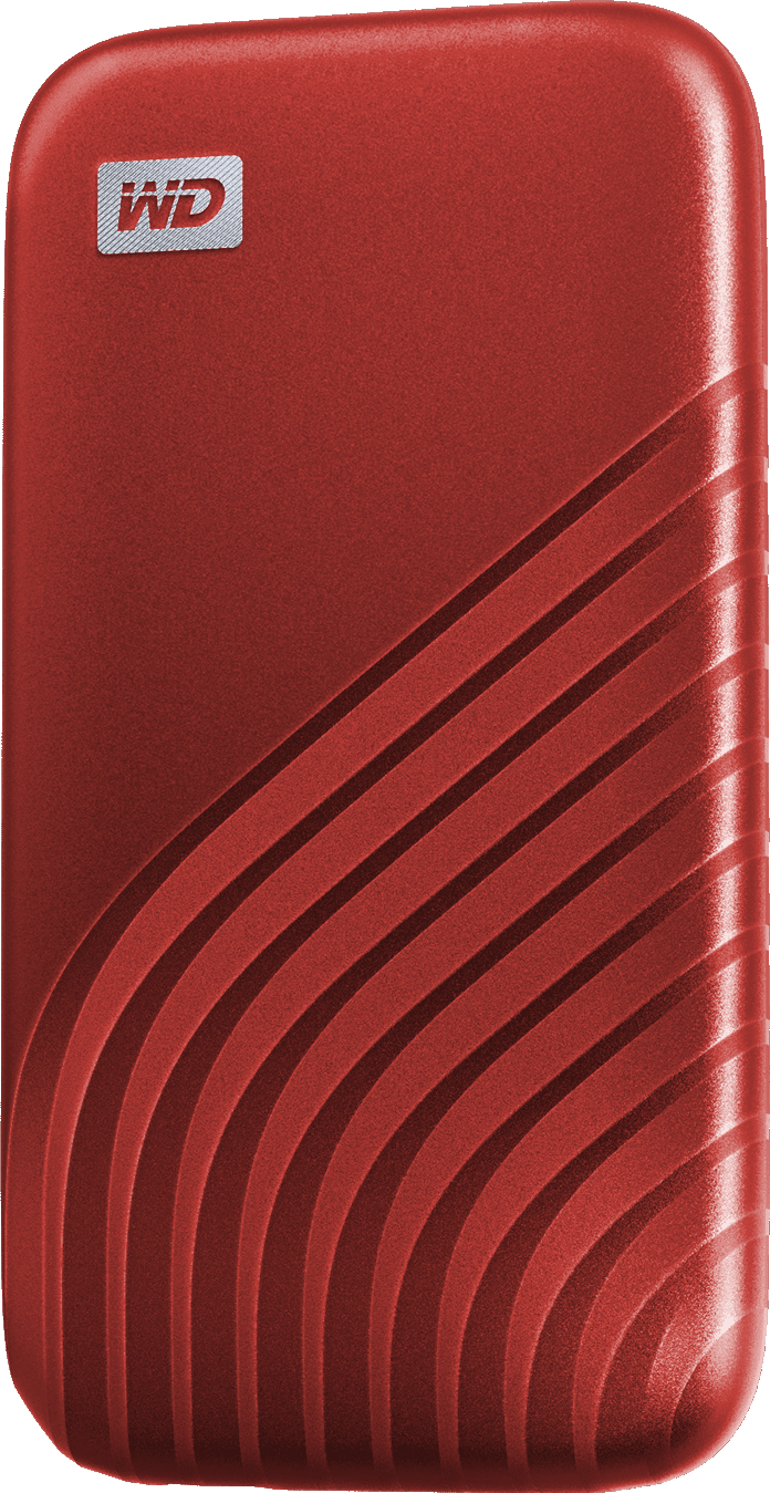 Un disco rigido esterno rosso WD è mostrato su sfondo bianco. Ha un design ondulato sul davanti.