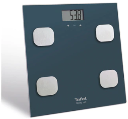 Tefal testösszetétel mérleg, kék felület négy ezüst paddal, 53,8-as súlyt mutatva.