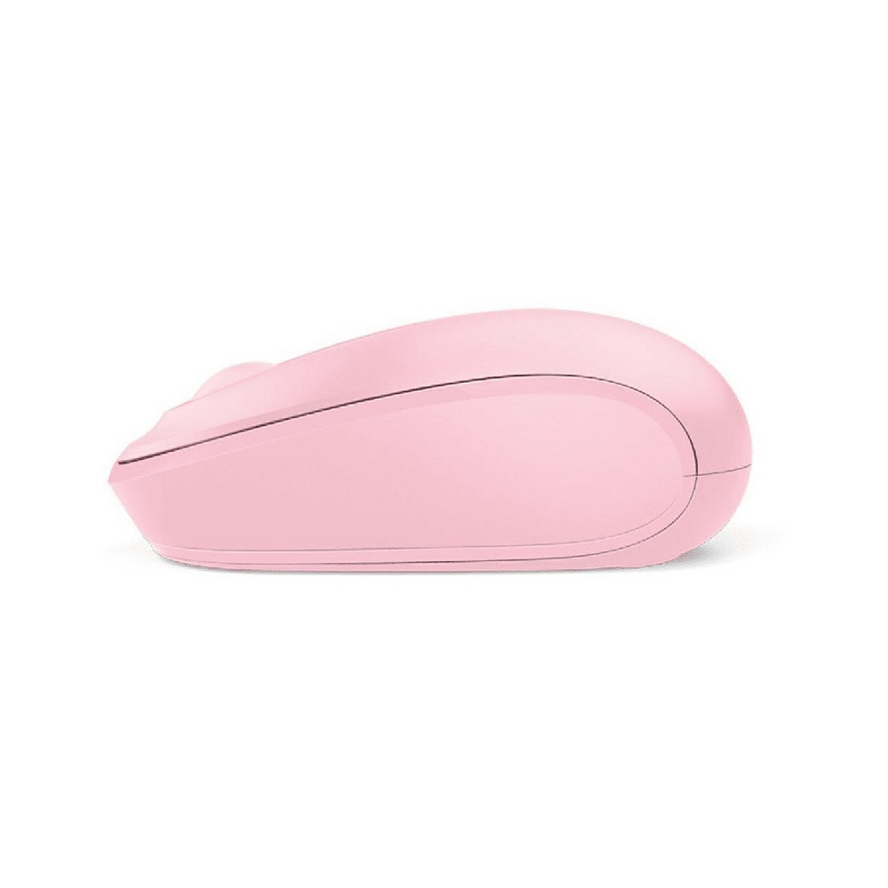 Un ratón inalámbrico rosa, vista lateral.