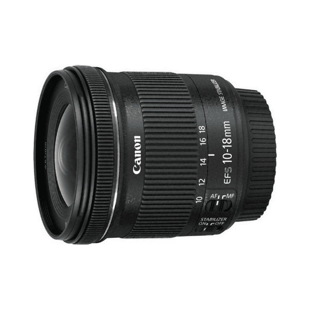 Lente Canon, negro, cilíndrico, con anillos de enfoque y zoom, y marca Canon.