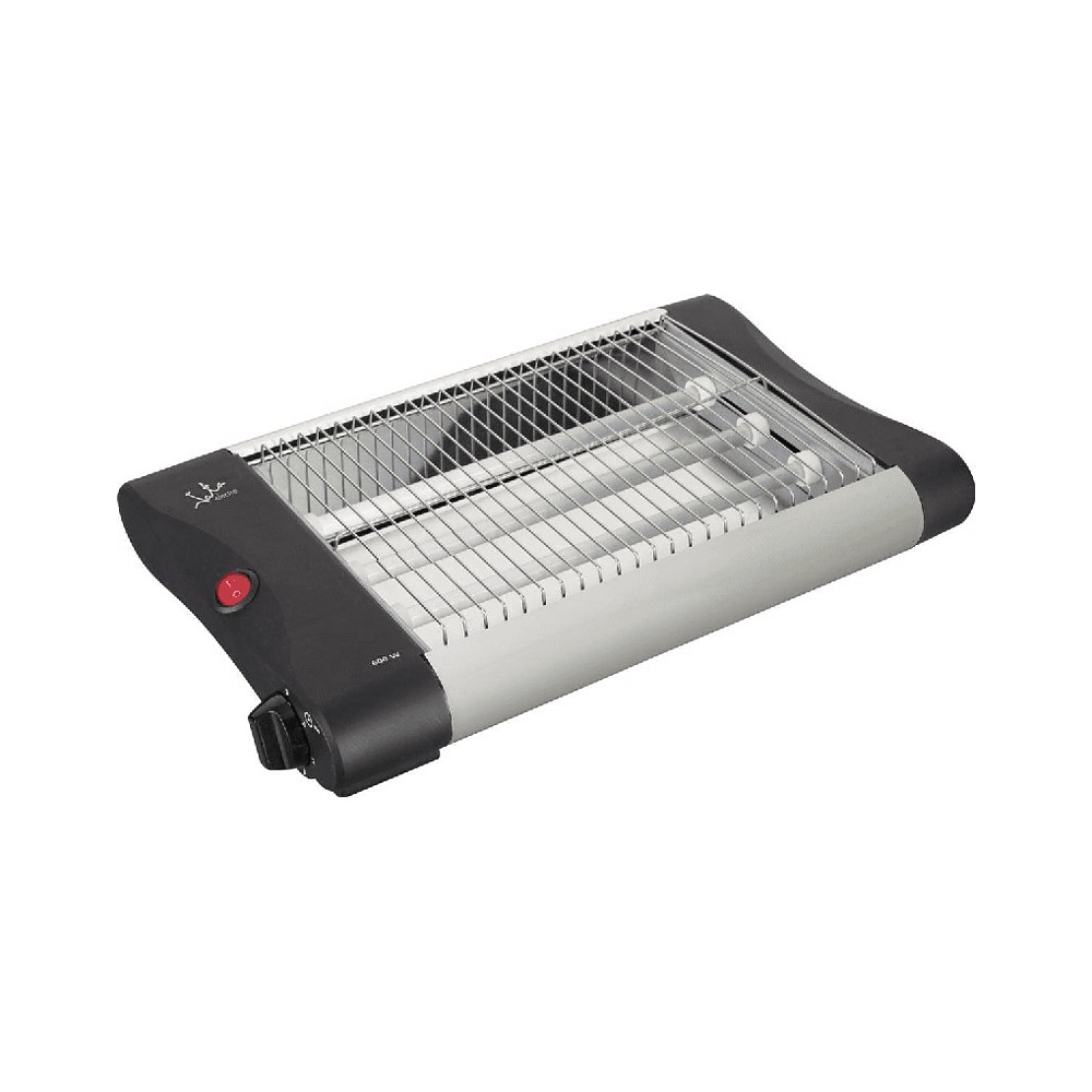 Calentador eléctrico con elemento calefactor plateado. Cuerpo negro y gris. Botón rojo de encendido.