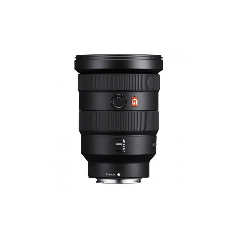 Lente de cámara Sony E-mount, negro, con anillo de enfoque, control de apertura y logotipo 'G' rojo.