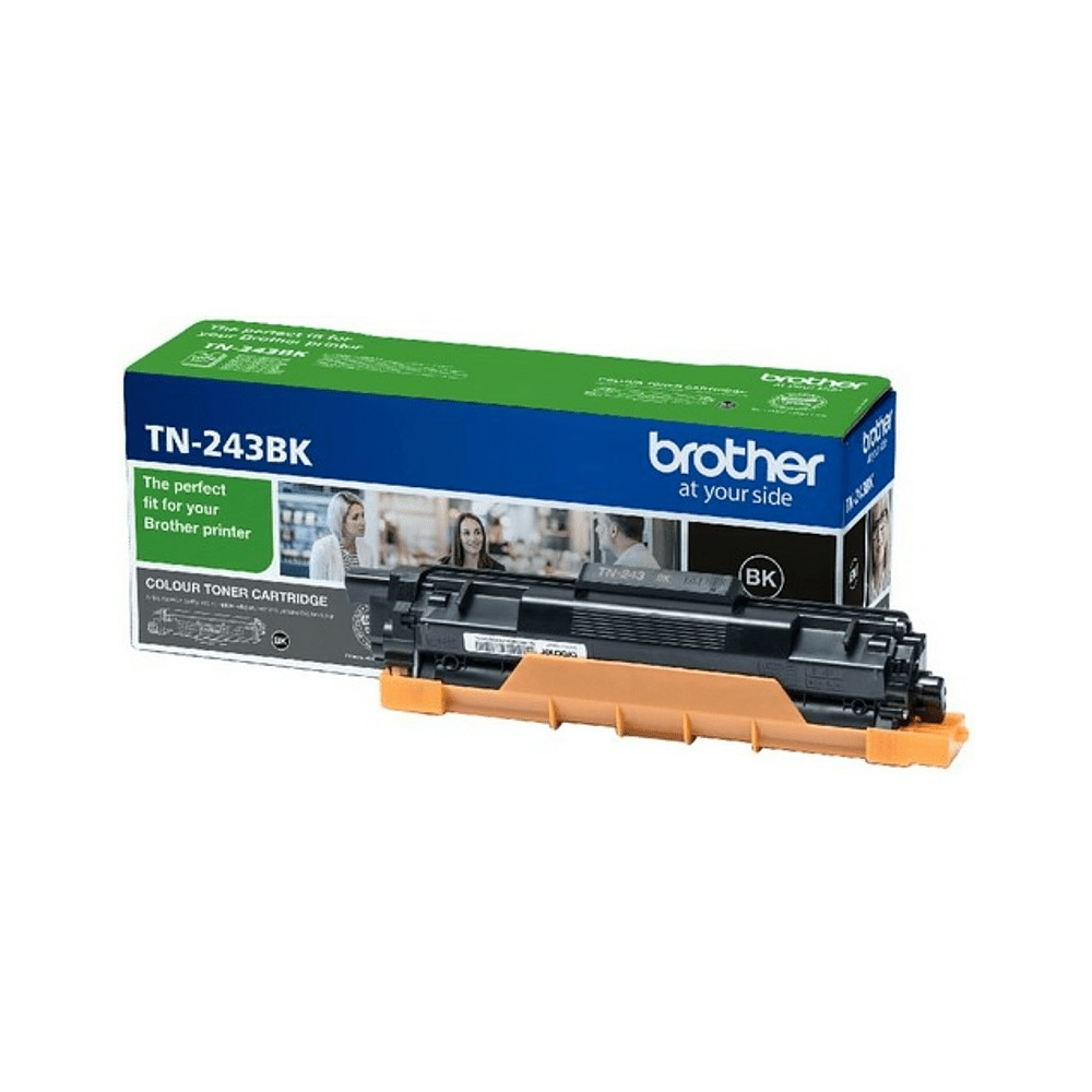 Caja de cartucho de tóner negro Brother TN-243BK con el cartucho y el tóner en sí.