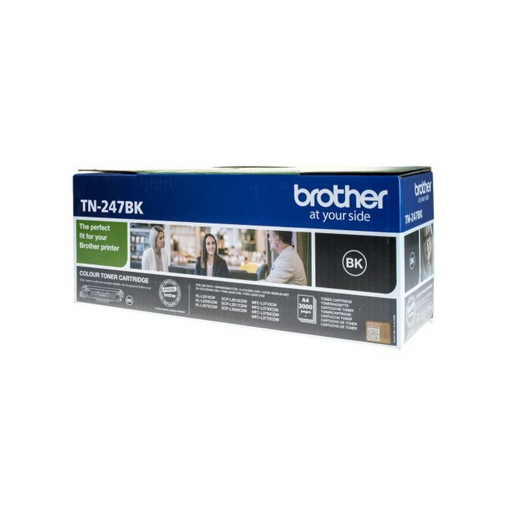 Caja de cartucho de tóner Brother TN-247BK. Muestra una imagen de personas y el logotipo de Brother.
