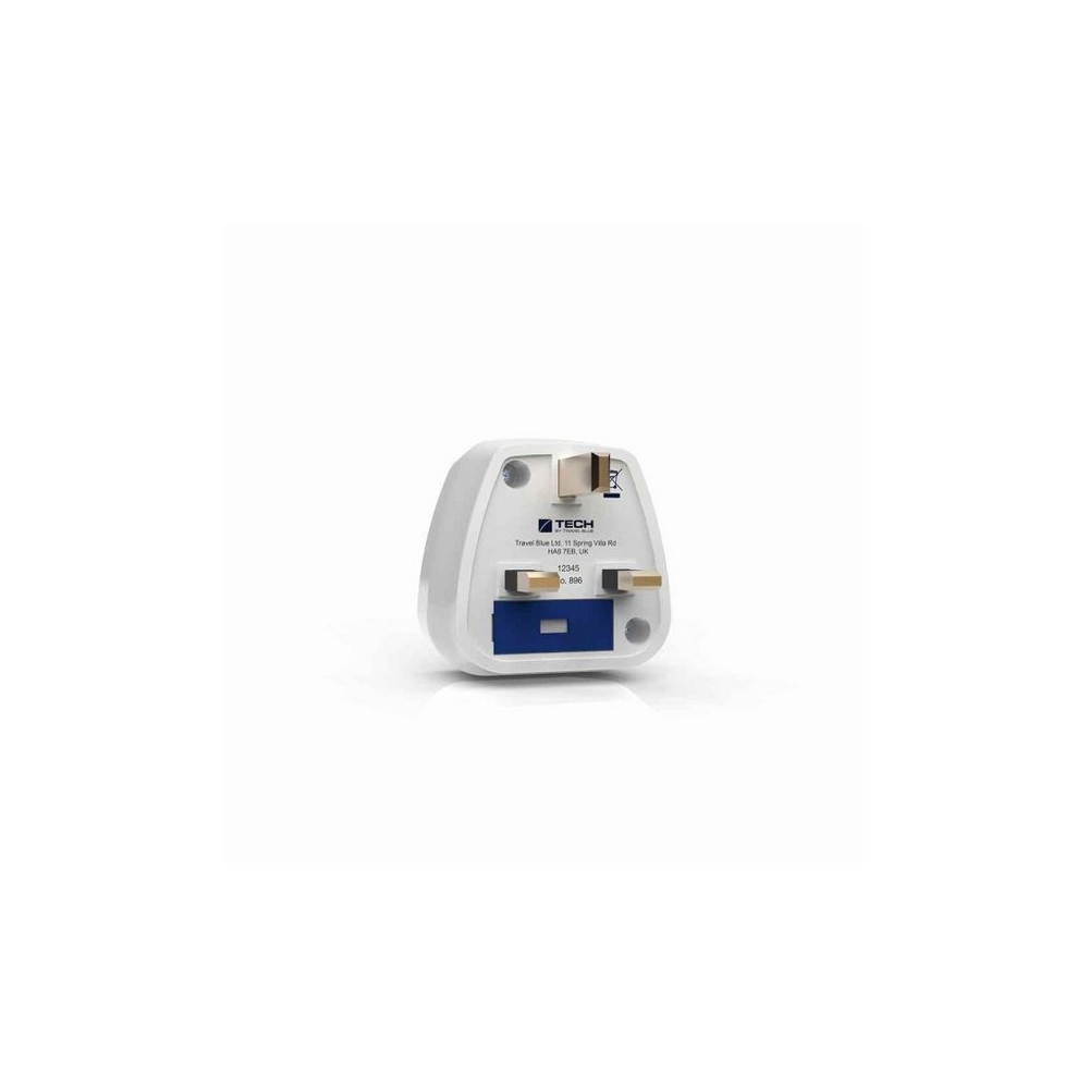 Adaptador de viaje blanco con clavijas y una ranura azul.