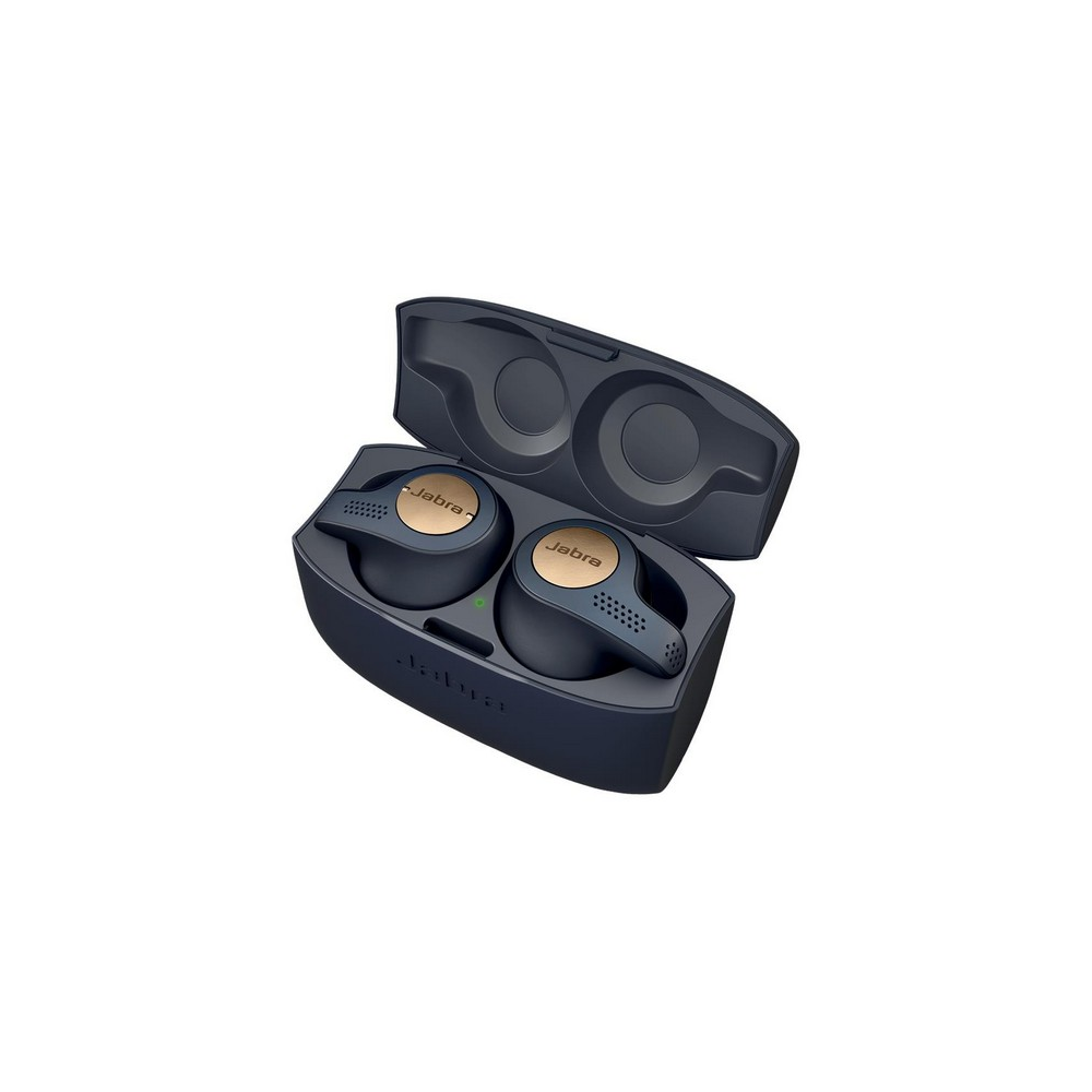 Auriculares Jabra negros y dorados dentro de su estuche de carga abierto.