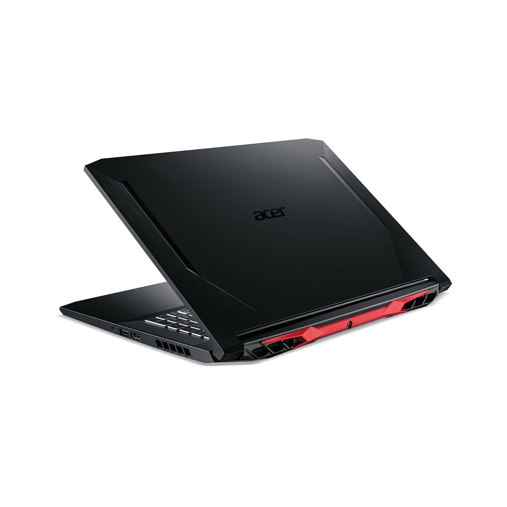 Portátil Acer negro con detalles rojos, vista trasera, ligeramente abierto.