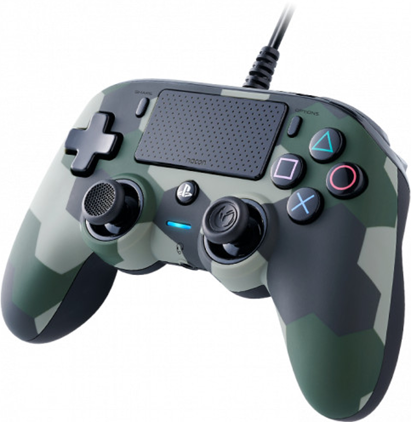 Un controller con motivo mimetico con pulsanti neri e un cavo nero.