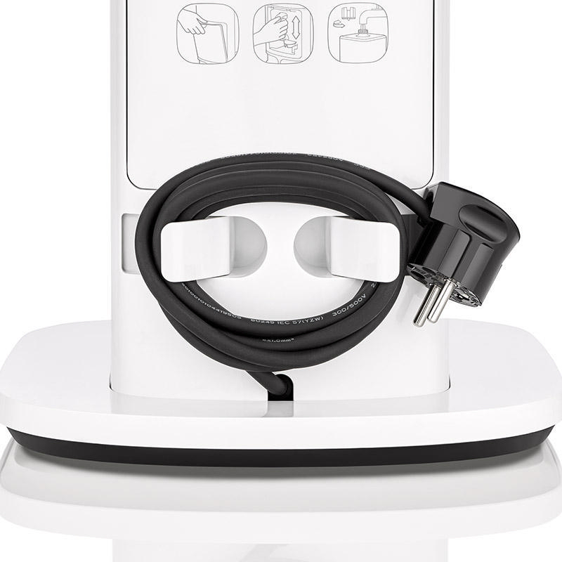 Weißer Sockel mit schwarzem Netzkabel und schwarzem Stecker.  Drei Diagramme oben.