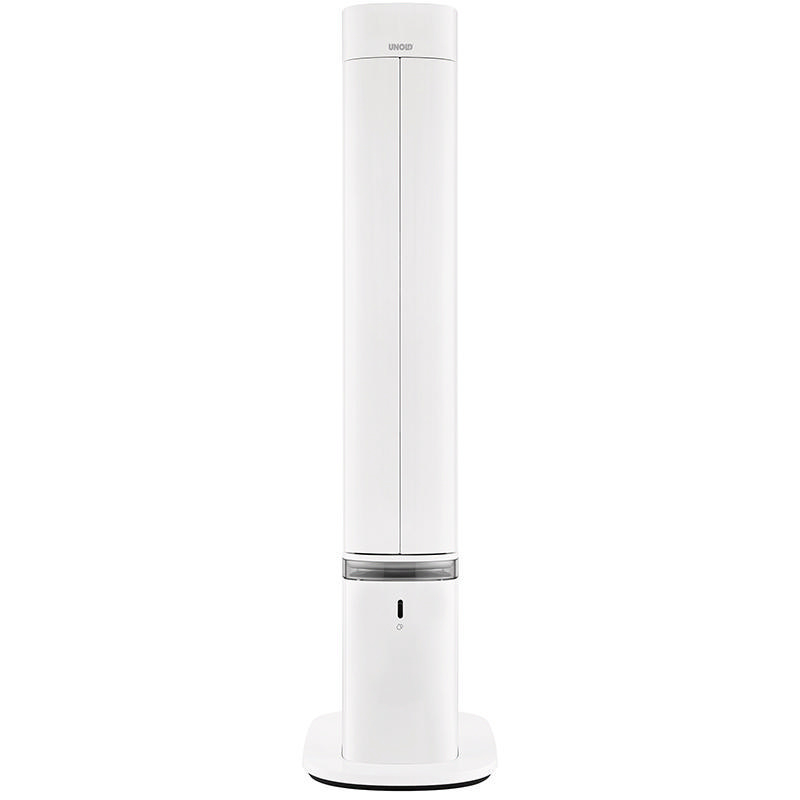 Ein hoher, weißer Turmventilator. Der Ventilator steht auf einem weißen Sockel und hat das Wort "UNO" oben.