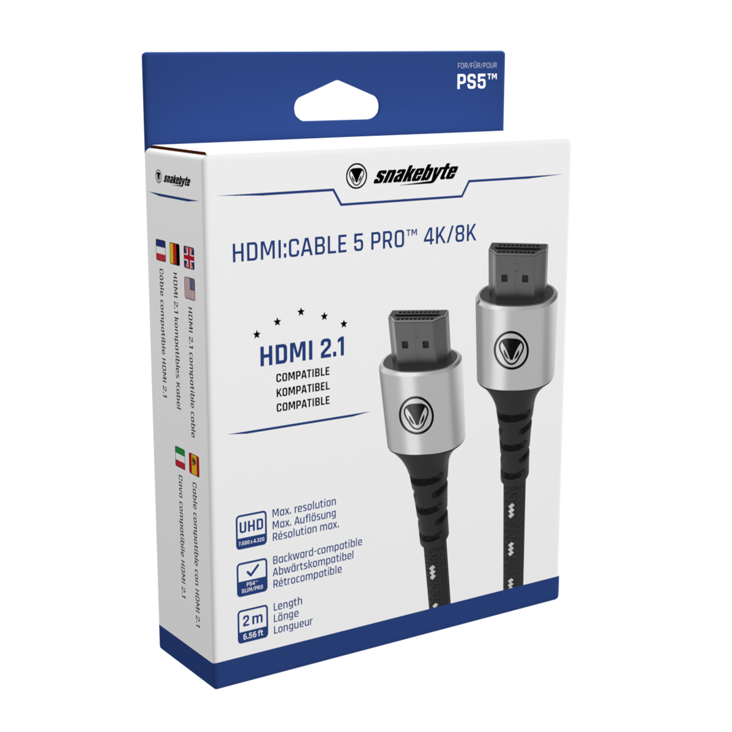 HDMI-Kabelbox, schwarzes Kabel und silberne Anschlüsse. Text: HDMI 2.1, 4K/8K, HDMI-Kabel 5 PRO.