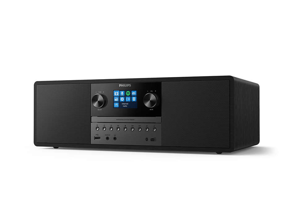 Black Philips stereo with a digital display and speakers on both sides.