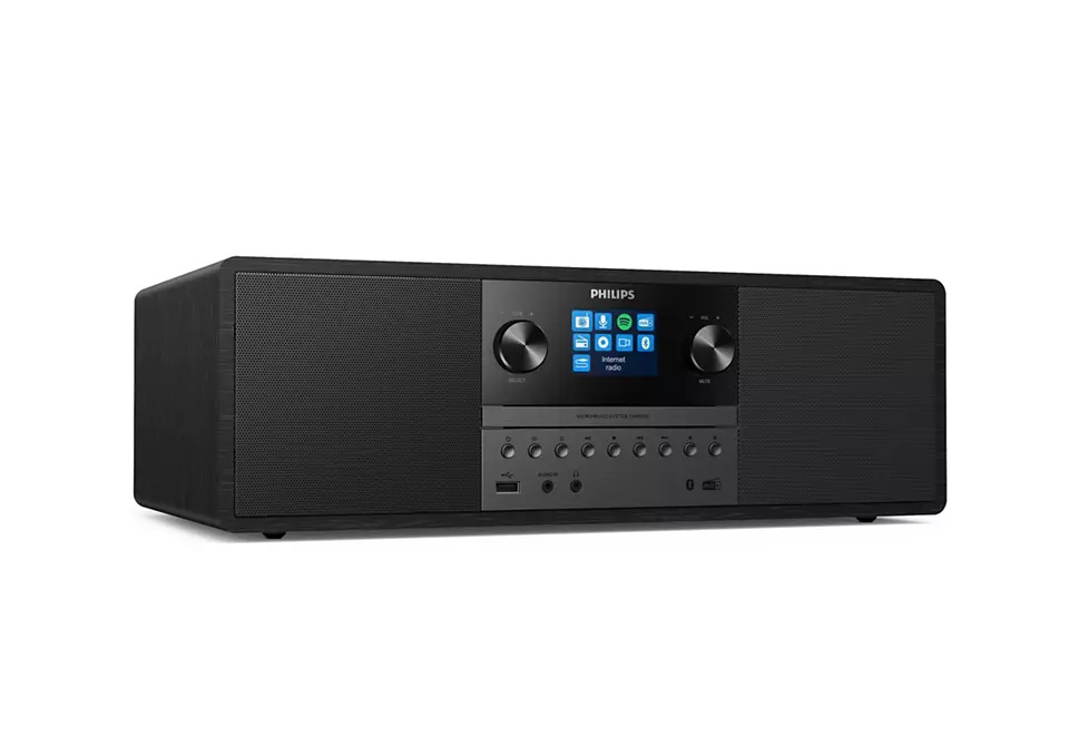 Black Philips audio system with a screen, buttons, and a volume knob, set against a white background.