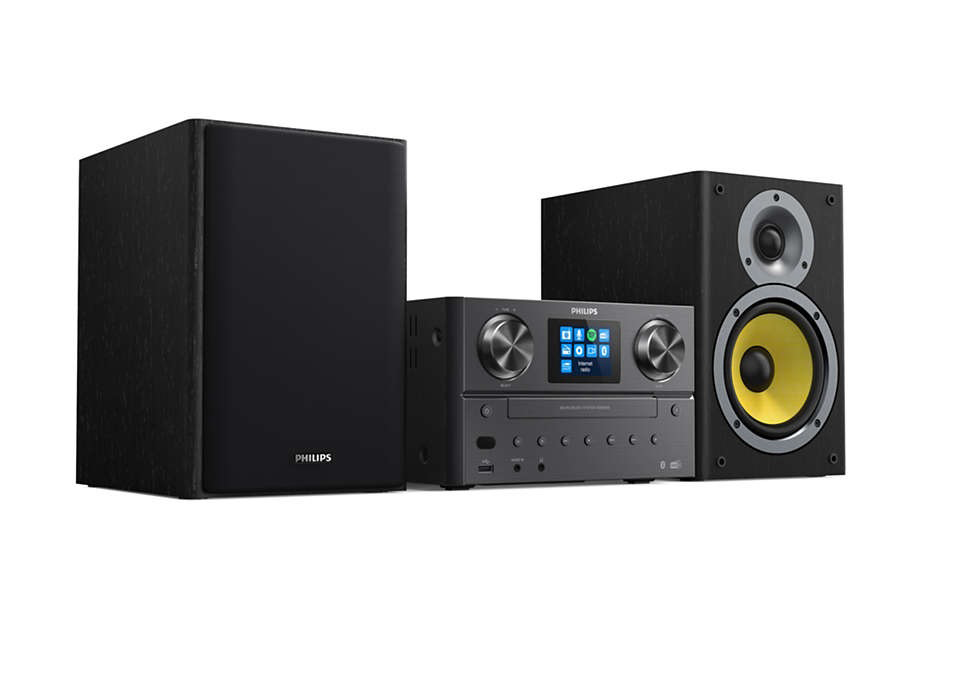 A Philips audio system with speakers. The system is black and has a screen in the middle.