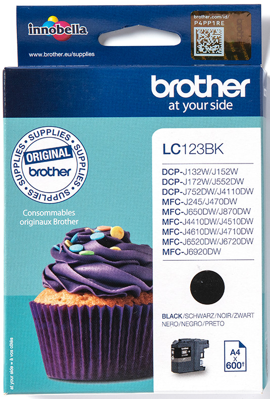 Brother inktcartridge doos. Blauwe doos met cupcake afbeelding en zwarte cartridge.