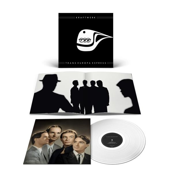 Kraftwerk-Albumcover. Schwarzes Cover mit weißem Logo und Foto der Bandmitglieder.