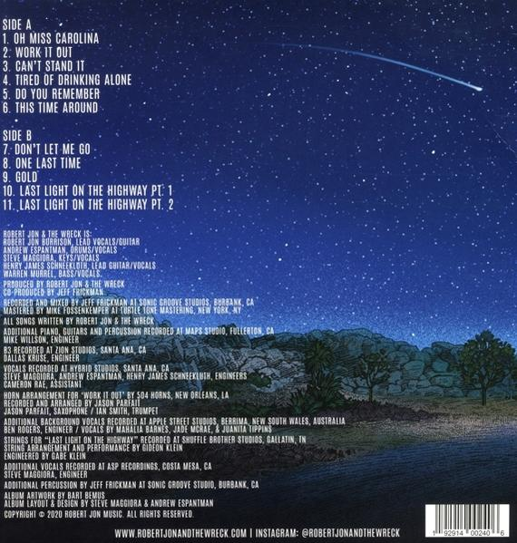 Album-Rückseite mit Songtiteln, Credits und einem sternenklaren Nachtdesign.