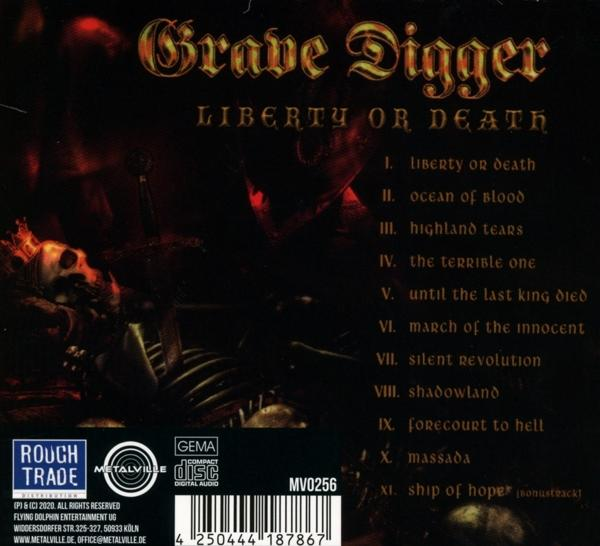 Albumcover von Grave Diggers Liberty or Death. Text und Skelettkunst sind sichtbar.
