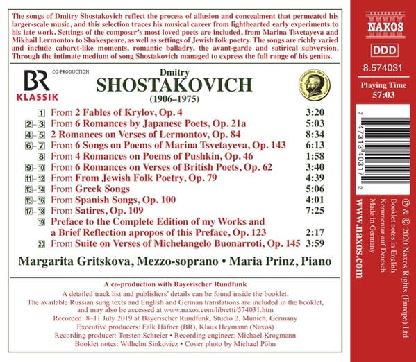 Die Rückseite eines CD-Covers mit Text über Schostakowitsch und einer Liste der Musiktitel.