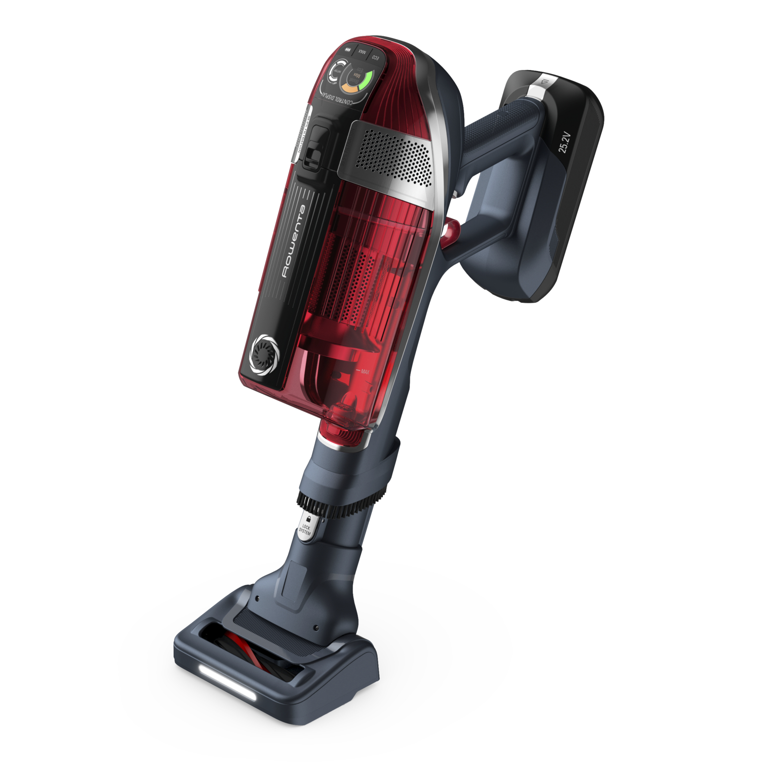Aspirateur sans fil rouge et noir. Il est incliné, montrant la poignée et le bac à poussière.