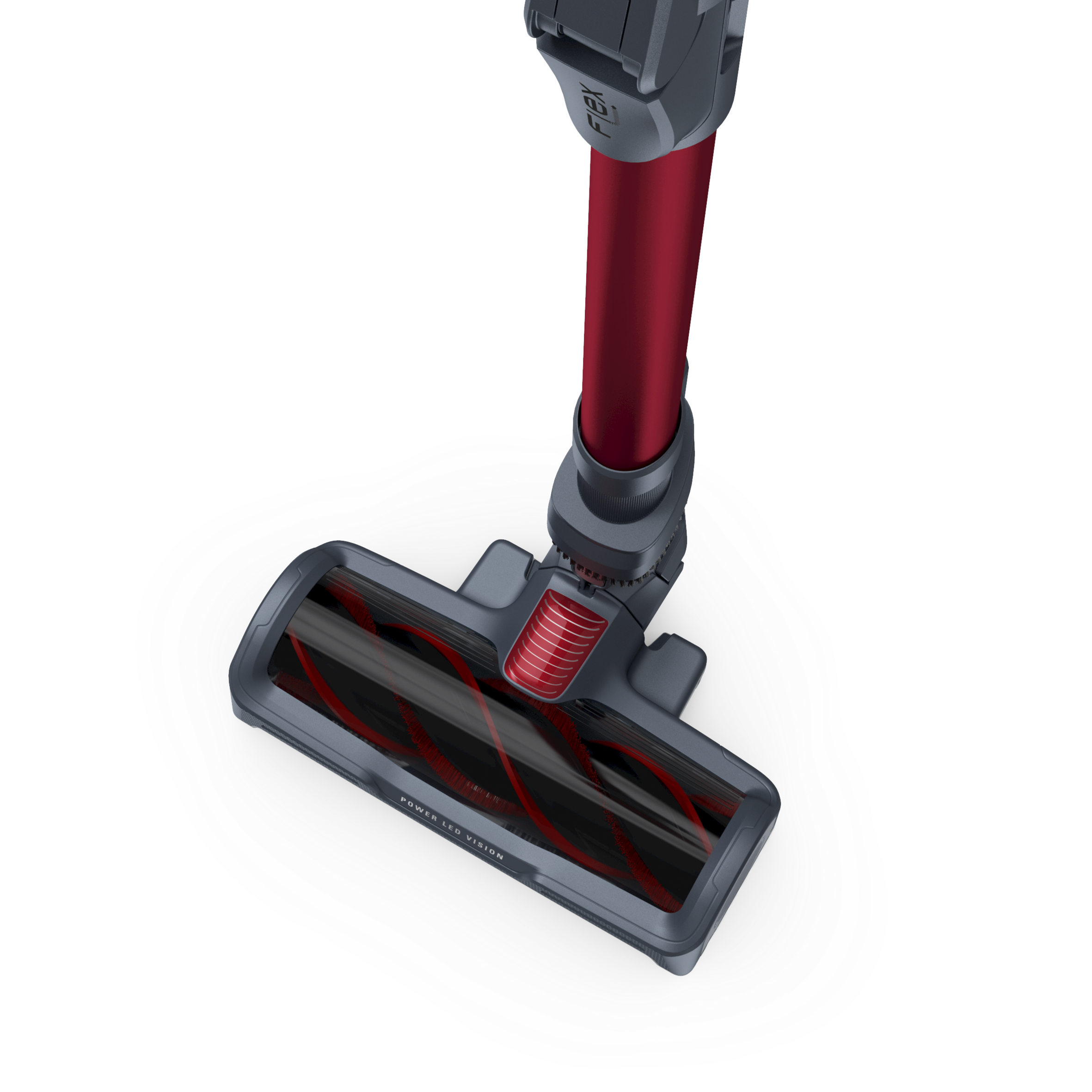 Tête d'aspirateur rouge et grise avec Power Led Vision écrit dessus.