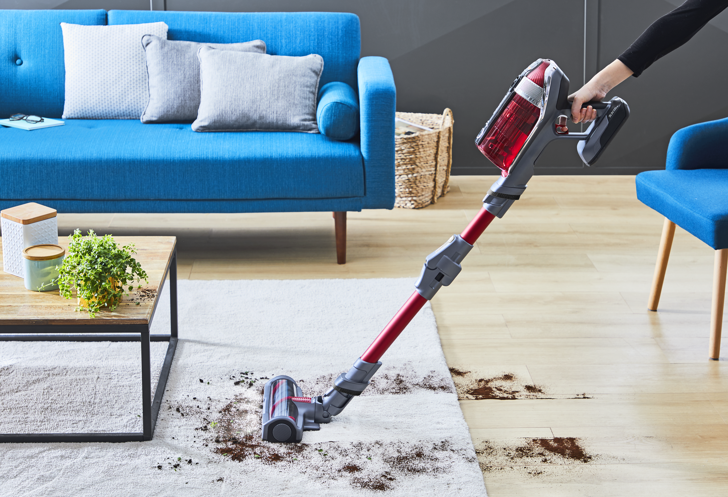 Une personne passe l'aspirateur sur un tapis avec un aspirateur sans fil. Un canapé bleu et des meubles derrière.