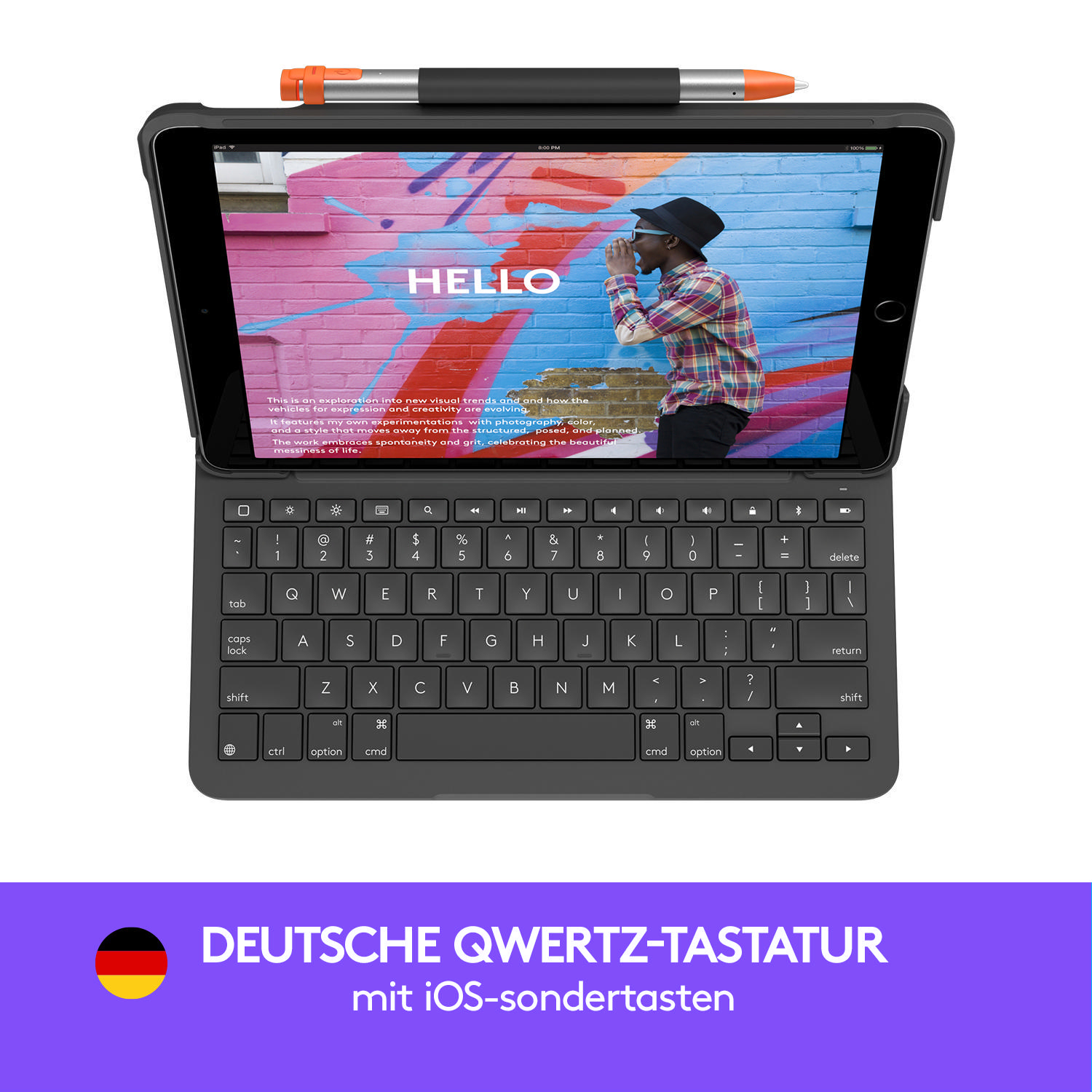 Ein geöffnetes iPad mit einer Tastaturhülle. Der Bildschirm zeigt ein farbenfrohes Wandbild.