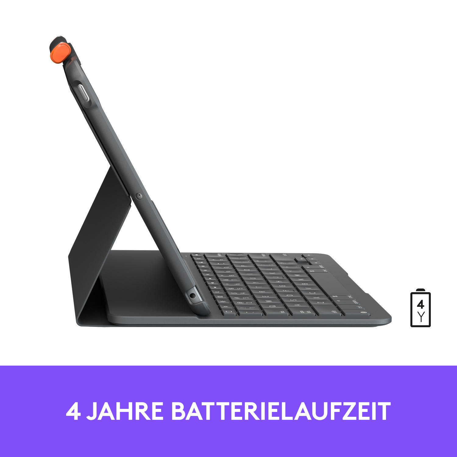 Ein Tablet mit Tastaturhülle, angewinkelt. Der Text "4 JAHRE BATTERIELEBENSDAUER" steht unten.